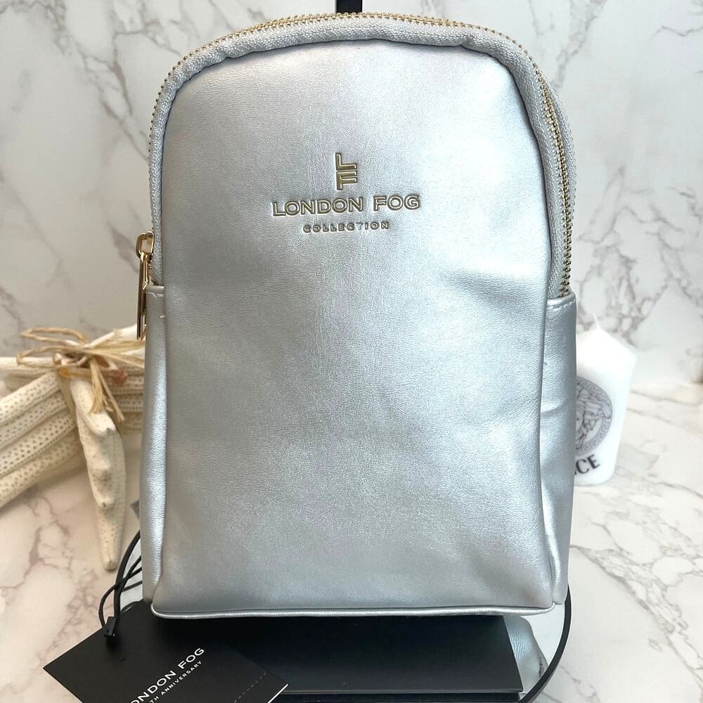 London Fog Janice Double Compartment Sling Bag in Metallic Silver NWT